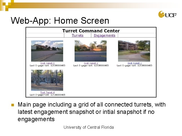 Web-App: Home Screen n Main page including a grid of all connected turrets, with