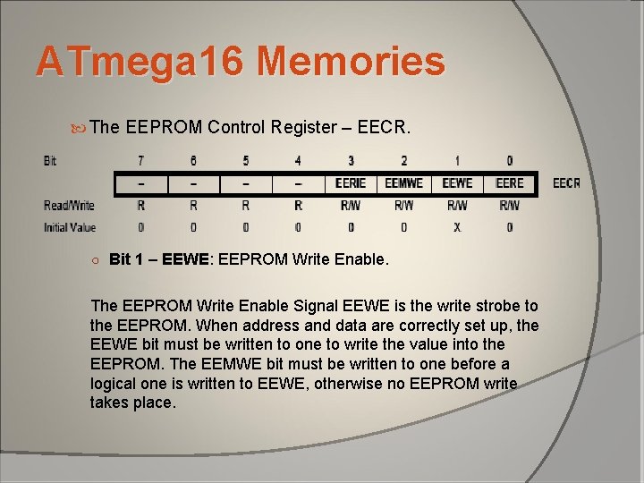 ATmega 16 Memories The EEPROM Control Register – EECR. ○ Bit 1 – EEWE: ATmega 16 Memories The EEPROM Control Register – EECR. ○ Bit 1 – EEWE: