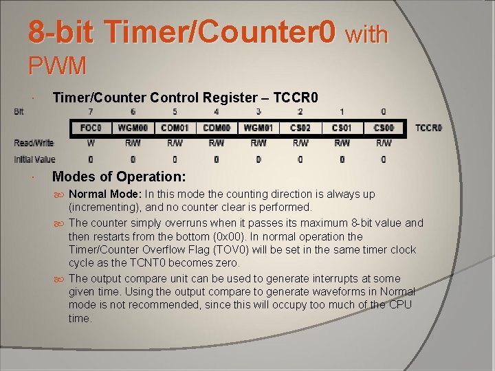 8 -bit Timer/Counter 0 with PWM Timer/Counter Control Register – TCCR 0 Modes of 8 -bit Timer/Counter 0 with PWM Timer/Counter Control Register – TCCR 0 Modes of