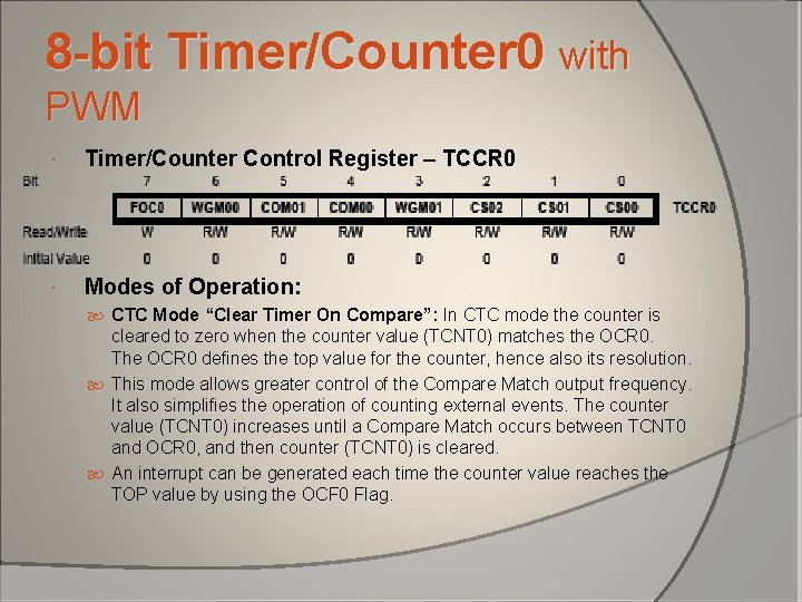 8 -bit Timer/Counter 0 with PWM Timer/Counter Control Register – TCCR 0 Modes of 8 -bit Timer/Counter 0 with PWM Timer/Counter Control Register – TCCR 0 Modes of