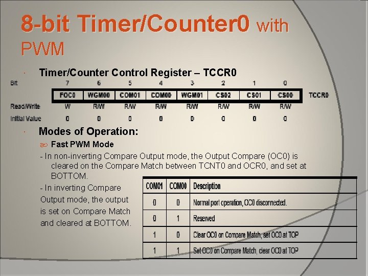 8 -bit Timer/Counter 0 with PWM Timer/Counter Control Register – TCCR 0 Modes of 8 -bit Timer/Counter 0 with PWM Timer/Counter Control Register – TCCR 0 Modes of