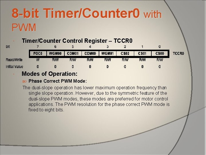 8 -bit Timer/Counter 0 with PWM Timer/Counter Control Register – TCCR 0 Modes of 8 -bit Timer/Counter 0 with PWM Timer/Counter Control Register – TCCR 0 Modes of
