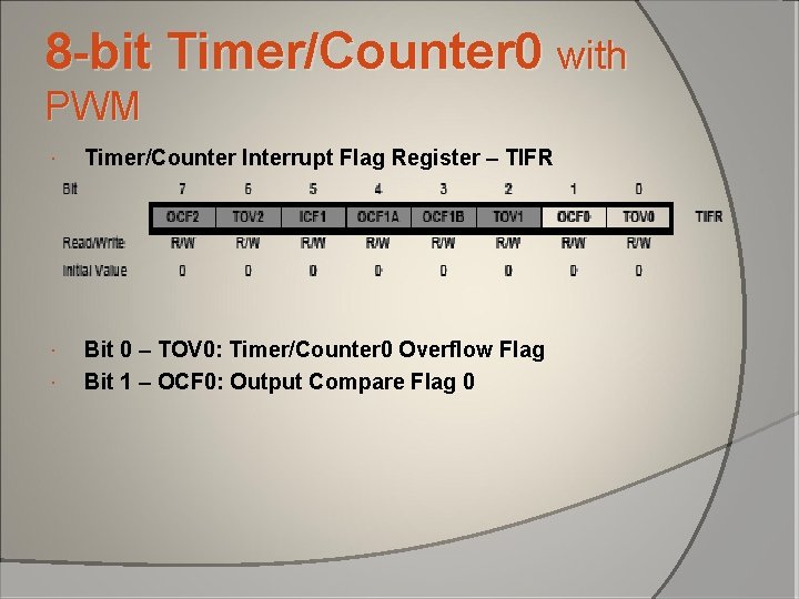 8 -bit Timer/Counter 0 with PWM Timer/Counter Interrupt Flag Register – TIFR Bit 0 8 -bit Timer/Counter 0 with PWM Timer/Counter Interrupt Flag Register – TIFR Bit 0