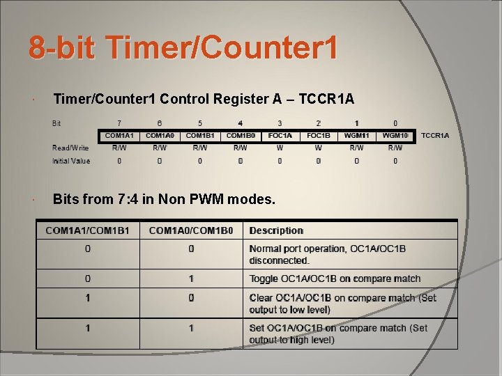 8 -bit Timer/Counter 1 Control Register A – TCCR 1 A Bits from 7: 8 -bit Timer/Counter 1 Control Register A – TCCR 1 A Bits from 7: