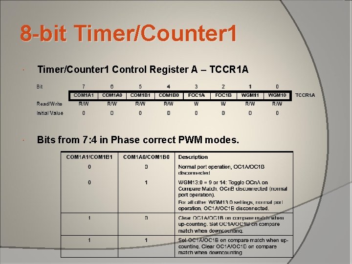 8 -bit Timer/Counter 1 Control Register A – TCCR 1 A Bits from 7: 8 -bit Timer/Counter 1 Control Register A – TCCR 1 A Bits from 7: