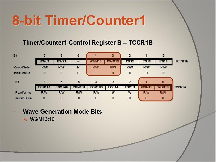 8 -bit Timer/Counter 1 Control Register B – TCCR 1 B Wave Generation Mode 8 -bit Timer/Counter 1 Control Register B – TCCR 1 B Wave Generation Mode