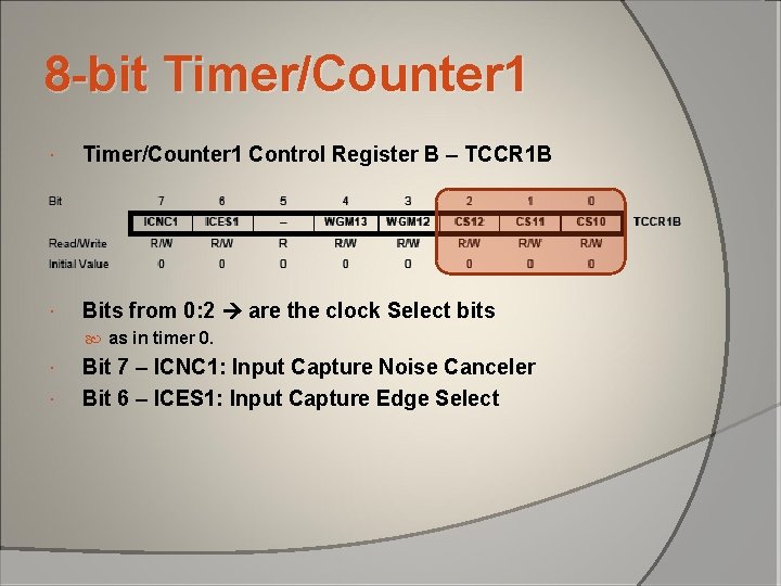 8 -bit Timer/Counter 1 Control Register B – TCCR 1 B Bits from 0: 8 -bit Timer/Counter 1 Control Register B – TCCR 1 B Bits from 0: