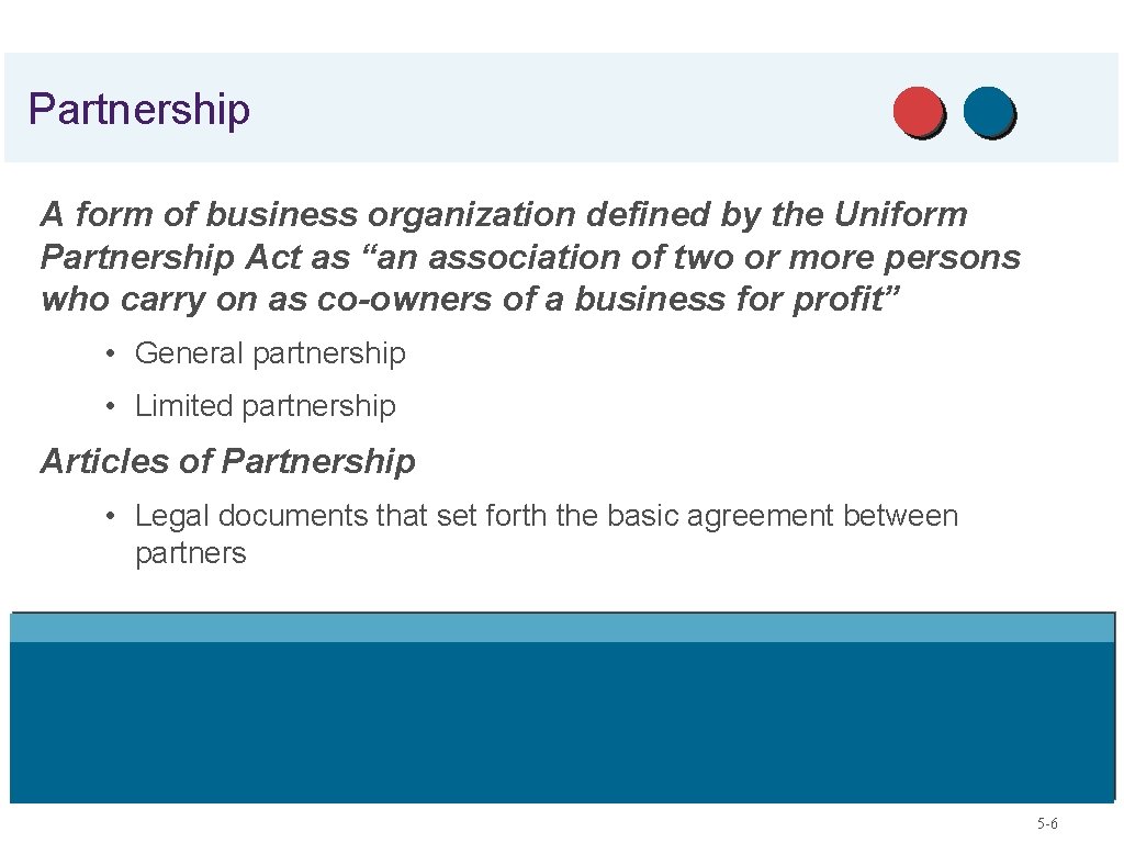 Partnership A form of business organization defined by the Uniform Partnership Act as “an