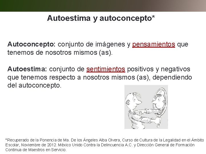 Autoestima y autoconcepto* Autoconcepto: conjunto de imágenes y pensamientos que tenemos de nosotros mismos