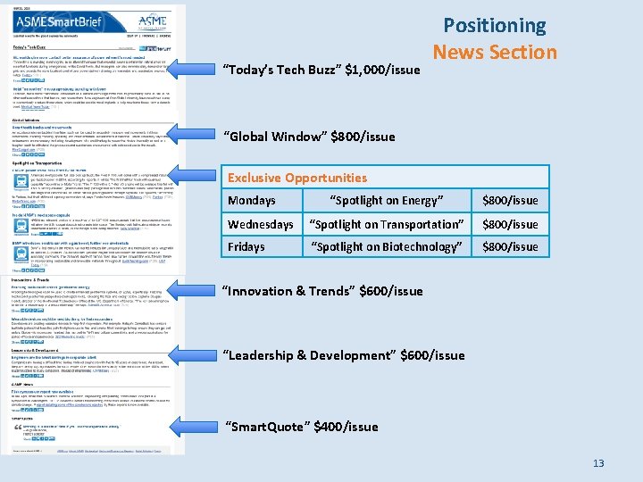 “Today’s Tech Buzz” $1, 000/issue Positioning News Section “Global Window” $800/issue Exclusive Opportunities Mondays