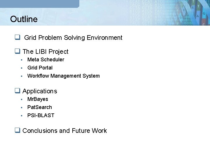 Outline q Grid Problem Solving Environment q The LIBI Project § Meta Scheduler §