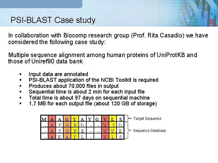 PSI-BLAST Case study In collaboration with Biocomp research group (Prof. Rita Casadio) we have