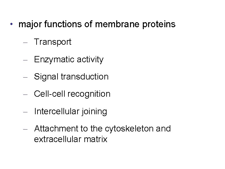  • major functions of membrane proteins – Transport – Enzymatic activity – Signal