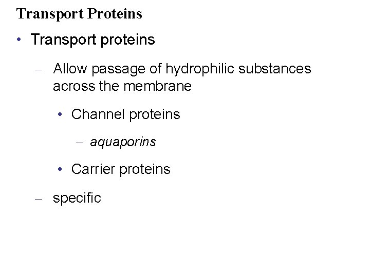 Transport Proteins • Transport proteins – Allow passage of hydrophilic substances across the membrane