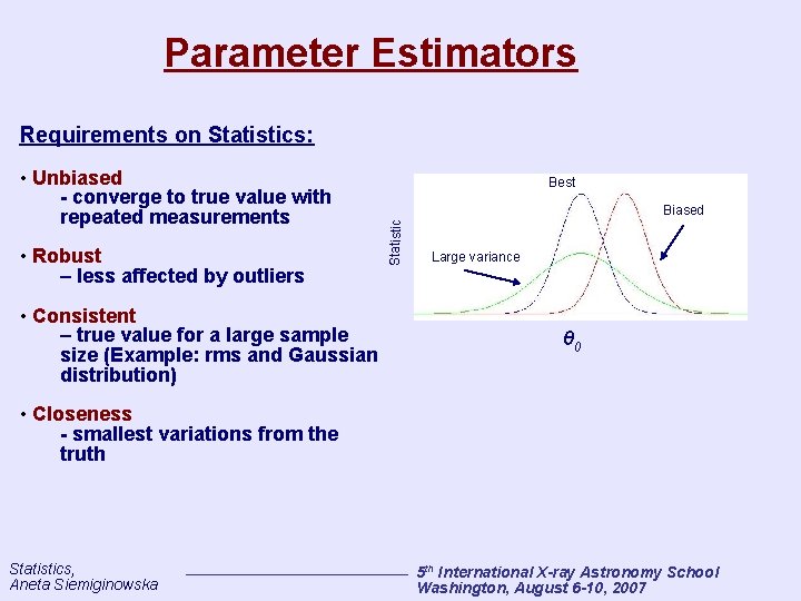 Parameter Estimators Requirements on Statistics: • Robust – less affected by outliers • Consistent