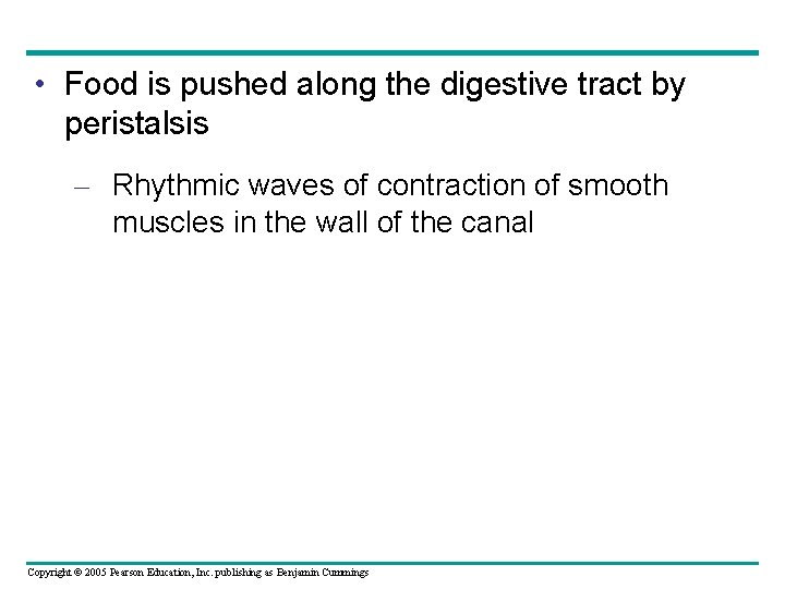  • Food is pushed along the digestive tract by peristalsis – Rhythmic waves