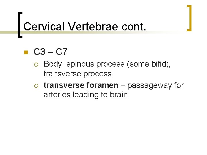 Cervical Vertebrae cont. n C 3 – C 7 ¡ ¡ Body, spinous process