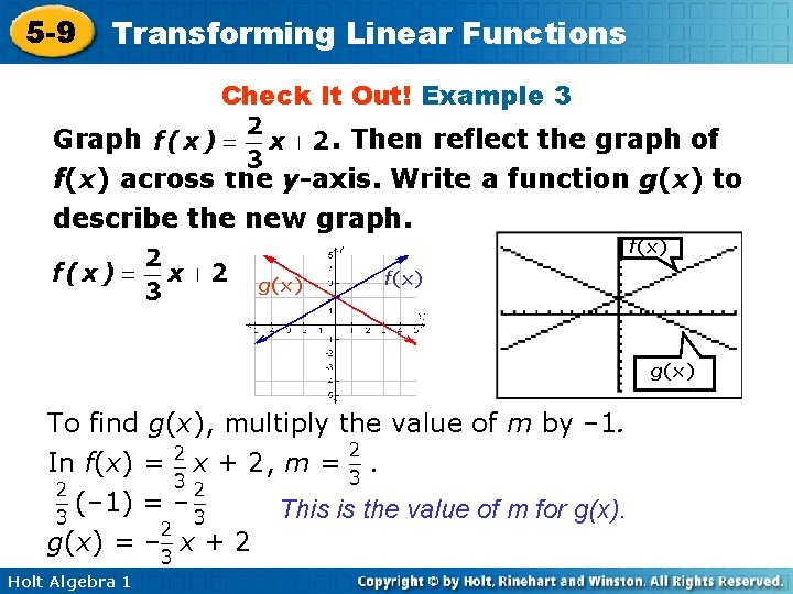 5 -9 Transforming Linear Functions Check It Out! Example 3 Graph. Then reflect the 5 -9 Transforming Linear Functions Check It Out! Example 3 Graph. Then reflect the
