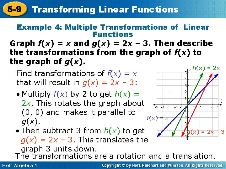 5 -9 Transforming Linear Functions Example 4: Multiple Transformations of Linear Functions Graph f(x) 5 -9 Transforming Linear Functions Example 4: Multiple Transformations of Linear Functions Graph f(x)