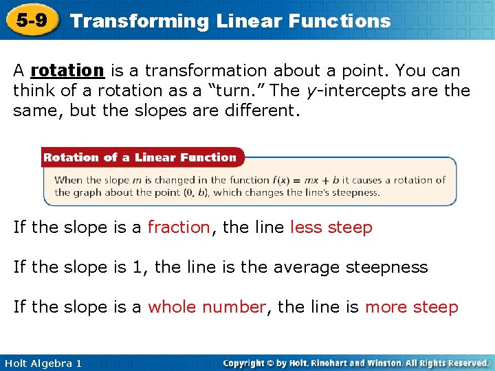 5 -9 Transforming Linear Functions A rotation is a transformation about a point. You 5 -9 Transforming Linear Functions A rotation is a transformation about a point. You