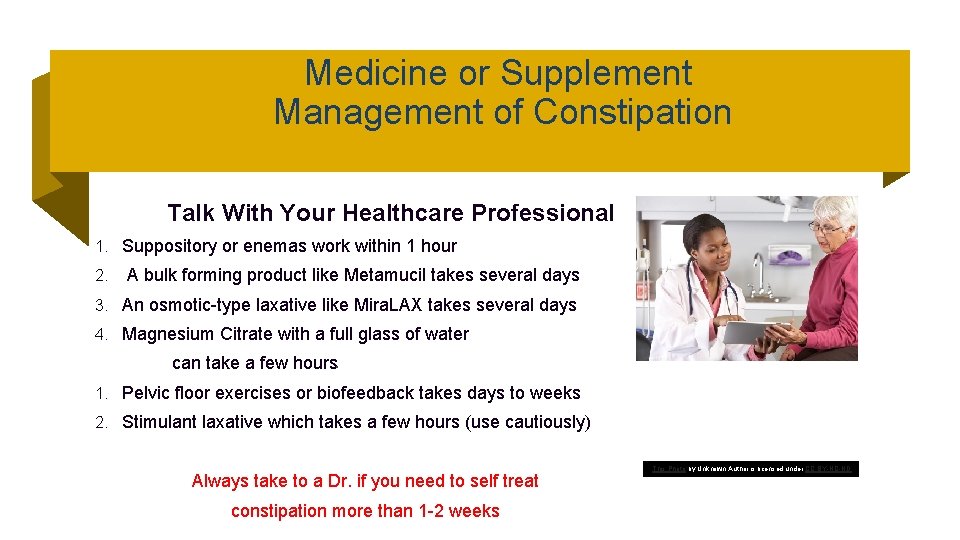 Medicine or Supplement Management of Constipation Talk With Your Healthcare Professional 1. Suppository or