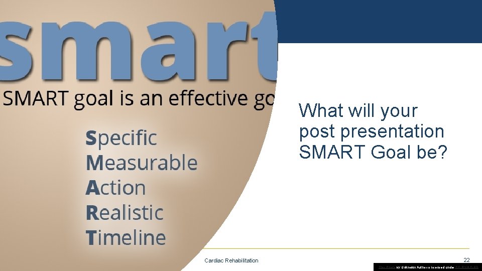 What will your post presentation SMART Goal be? Cardiac Rehabilitation 22 This Photo by