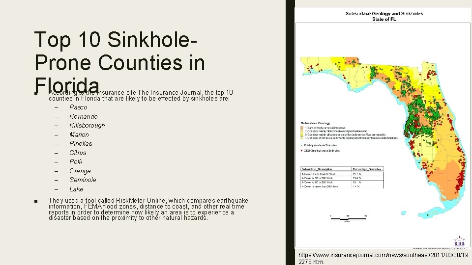 Top 10 Sinkhole. Prone Counties in Florida ■ According to the insurance site The