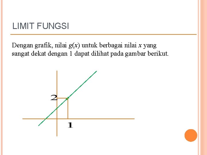 LIMIT FUNGSI Dengan grafik, nilai g(x) untuk berbagai nilai x yang sangat dekat dengan