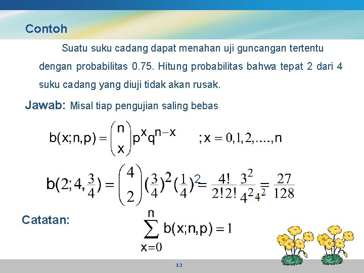 Contoh Suatu suku cadang dapat menahan uji guncangan tertentu dengan probabilitas 0. 75. Hitung