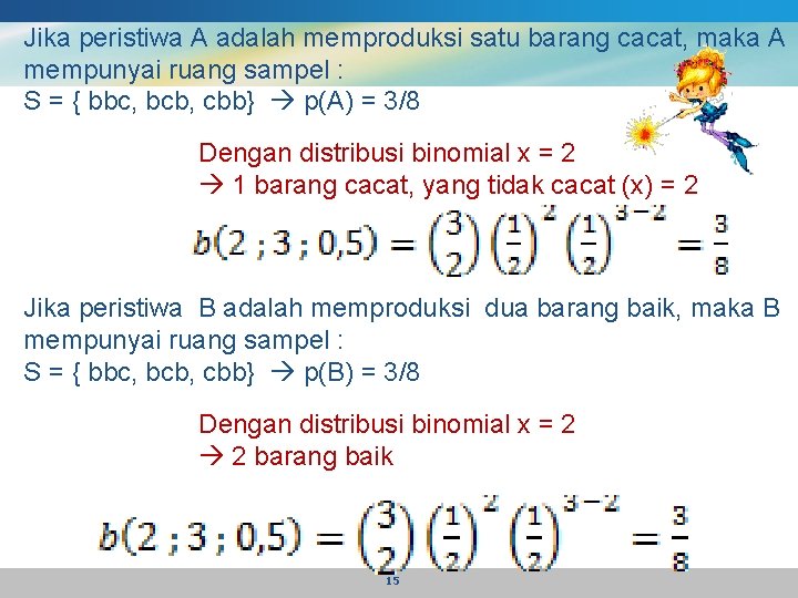 Jika peristiwa A adalah memproduksi satu barang cacat, maka A mempunyai ruang sampel :