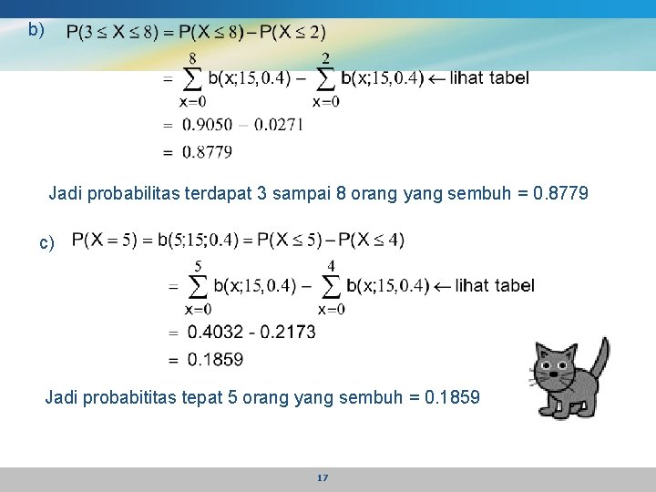 b) Jadi probabilitas terdapat 3 sampai 8 orang yang sembuh = 0. 8779 c)