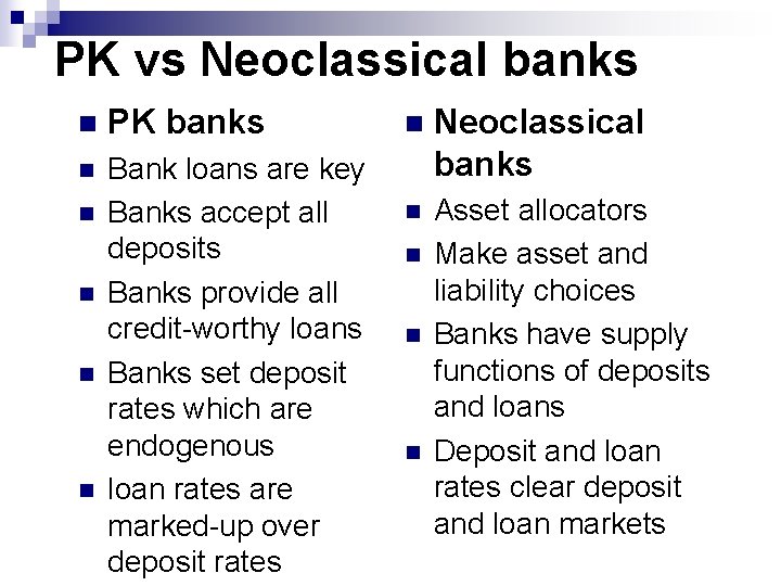 PK vs Neoclassical banks n PK banks n Bank loans are key Banks accept