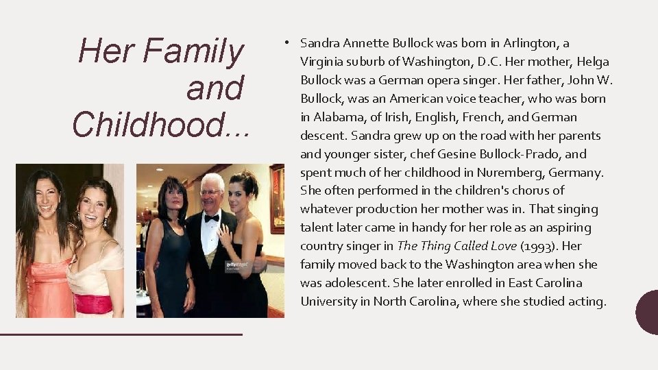 Her Family and Childhood. . . • Sandra Annette Bullock was born in Arlington, Her Family and Childhood. . . • Sandra Annette Bullock was born in Arlington,