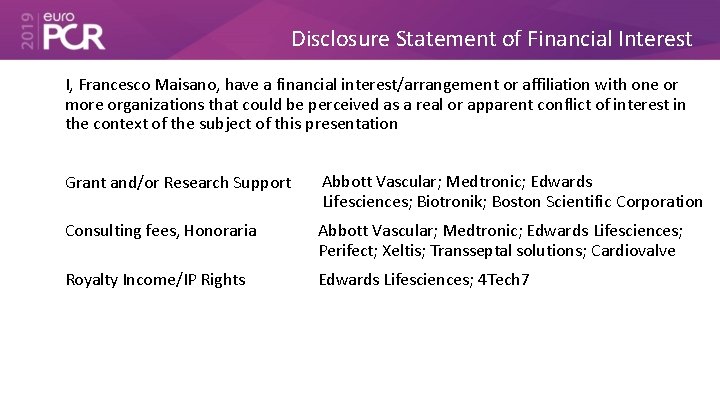 Disclosure Statement of Financial Interest I, Francesco Maisano, have a financial interest/arrangement or affiliation