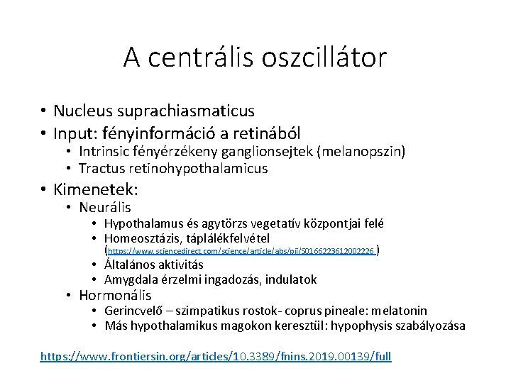 A centrális oszcillátor • Nucleus suprachiasmaticus • Input: fényinformáció a retinából • Intrinsic fényérzékeny