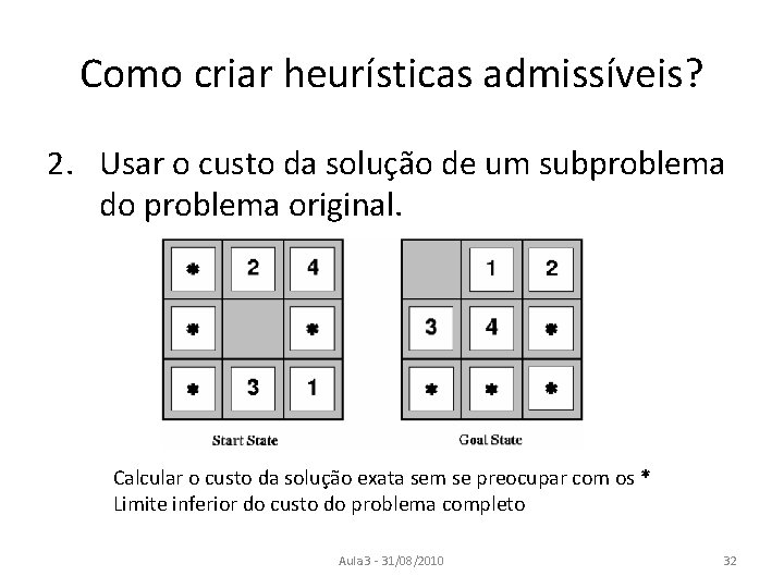 Como criar heurísticas admissíveis? 2. Usar o custo da solução de um subproblema do