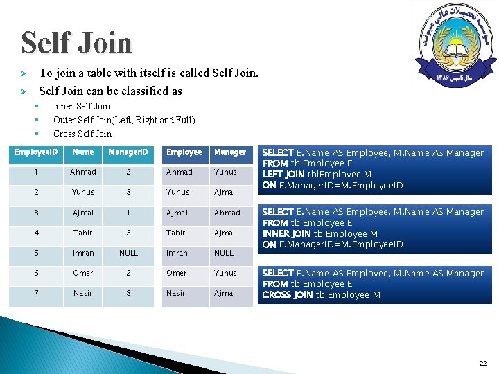 Self Join To join a table with itself is called Self Join can be Self Join To join a table with itself is called Self Join can be