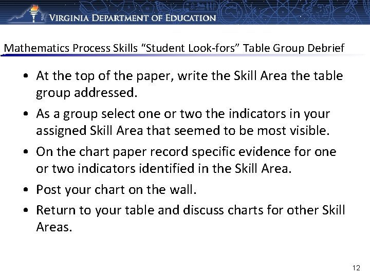 Mathematics Process Skills “Student Look-fors” Table Group Debrief • At the top of the