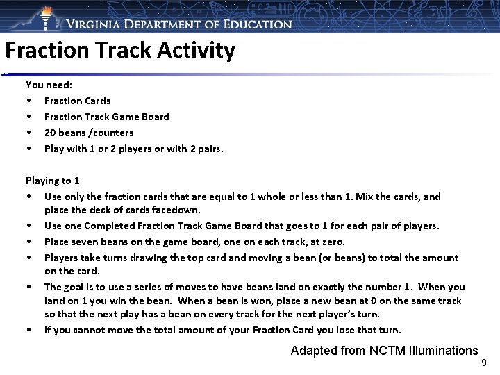 Fraction Track Activity You need: • Fraction Cards • Fraction Track Game Board •