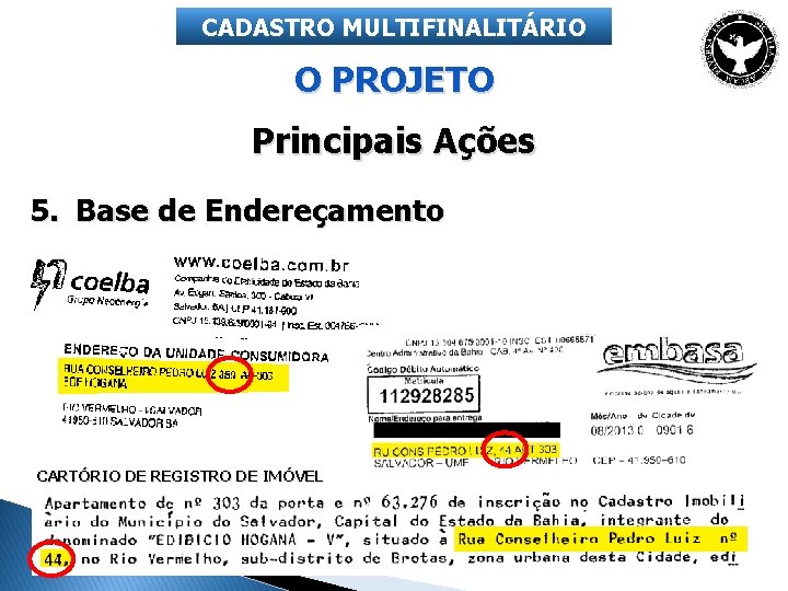 CADASTRO MULTIFINALITÁRIO O PROJETO Principais Ações 5. Base de Endereçamento CARTÓRIO DE REGISTRO DE