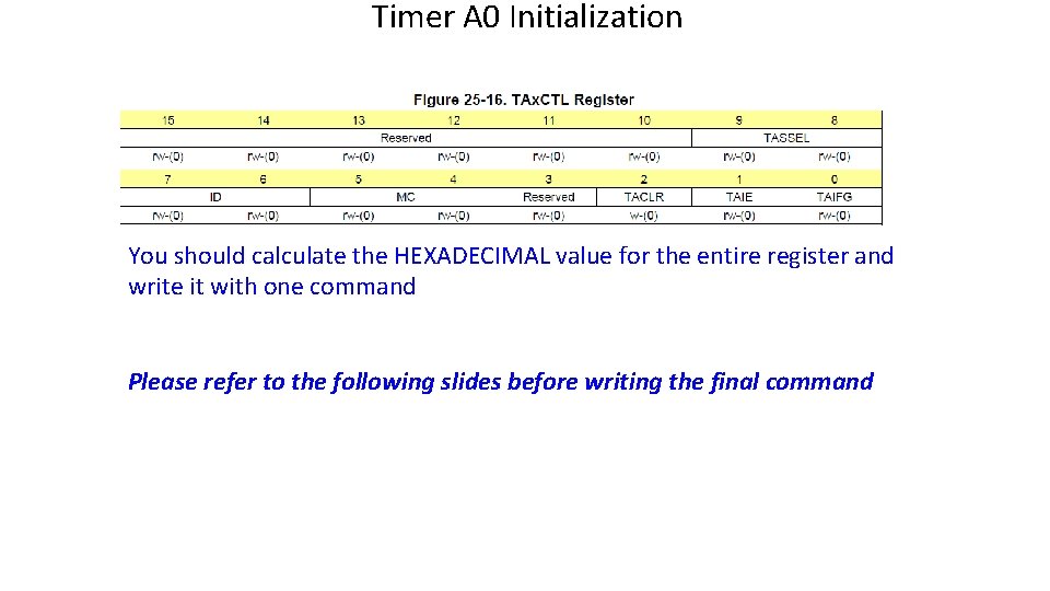 Timer A 0 Initialization You should calculate the HEXADECIMAL value for the entire register