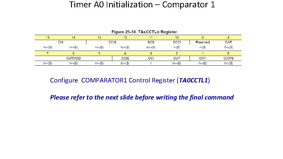 Timer A 0 Initialization – Comparator 1 Configure COMPARATOR 1 Control Register (TA 0