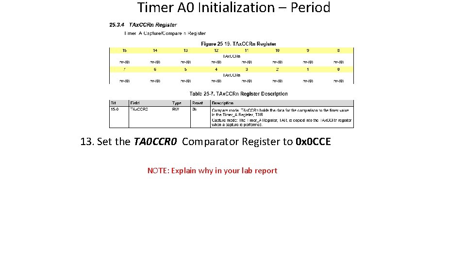 Timer A 0 Initialization – Period 13. Set the TA 0 CCR 0 Comparator