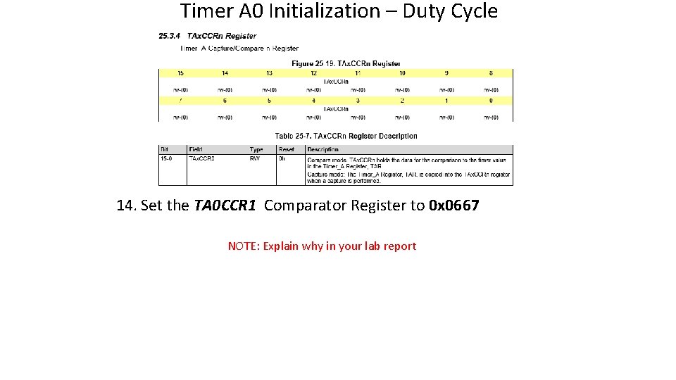 Timer A 0 Initialization – Duty Cycle 14. Set the TA 0 CCR 1