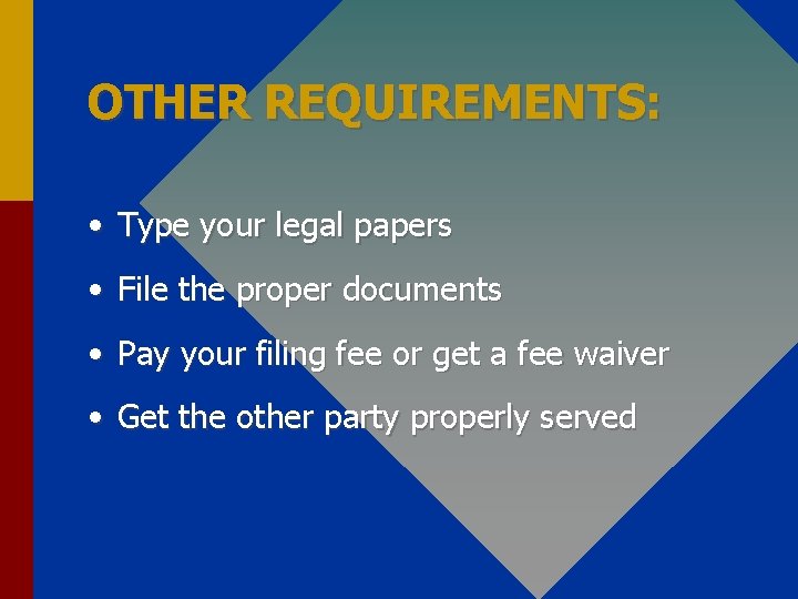 OTHER REQUIREMENTS: • Type your legal papers • File the proper documents • Pay