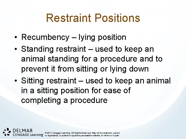 Restraint Positions • Recumbency – lying position • Standing restraint – used to keep