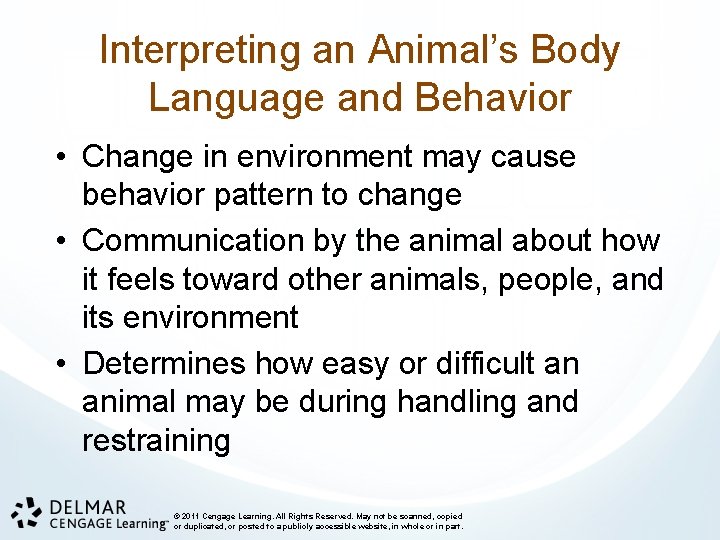 Interpreting an Animal’s Body Language and Behavior • Change in environment may cause behavior