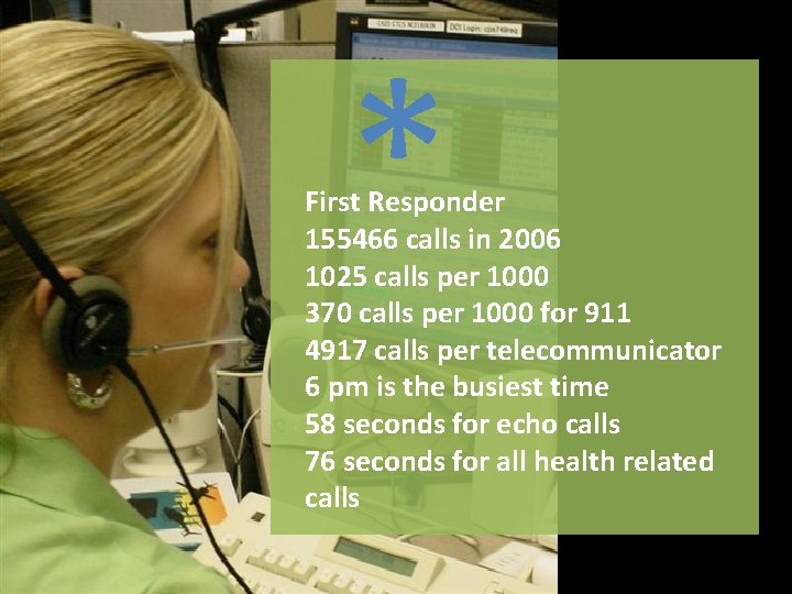 * First Responder 155466 calls in 2006 1025 calls per 1000 370 calls per