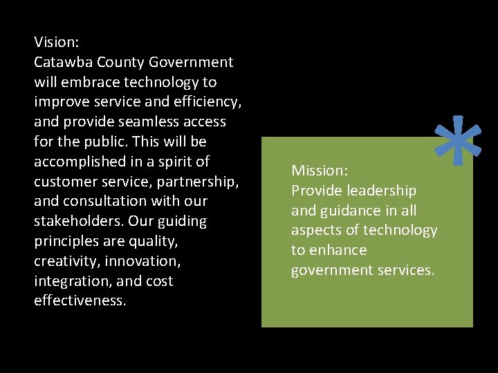 Vision: Catawba County Government will embrace technology to improve service and efficiency, and provide