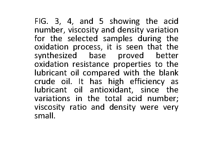 FIG. 3, 4, and 5 showing the acid number, viscosity and density variation for